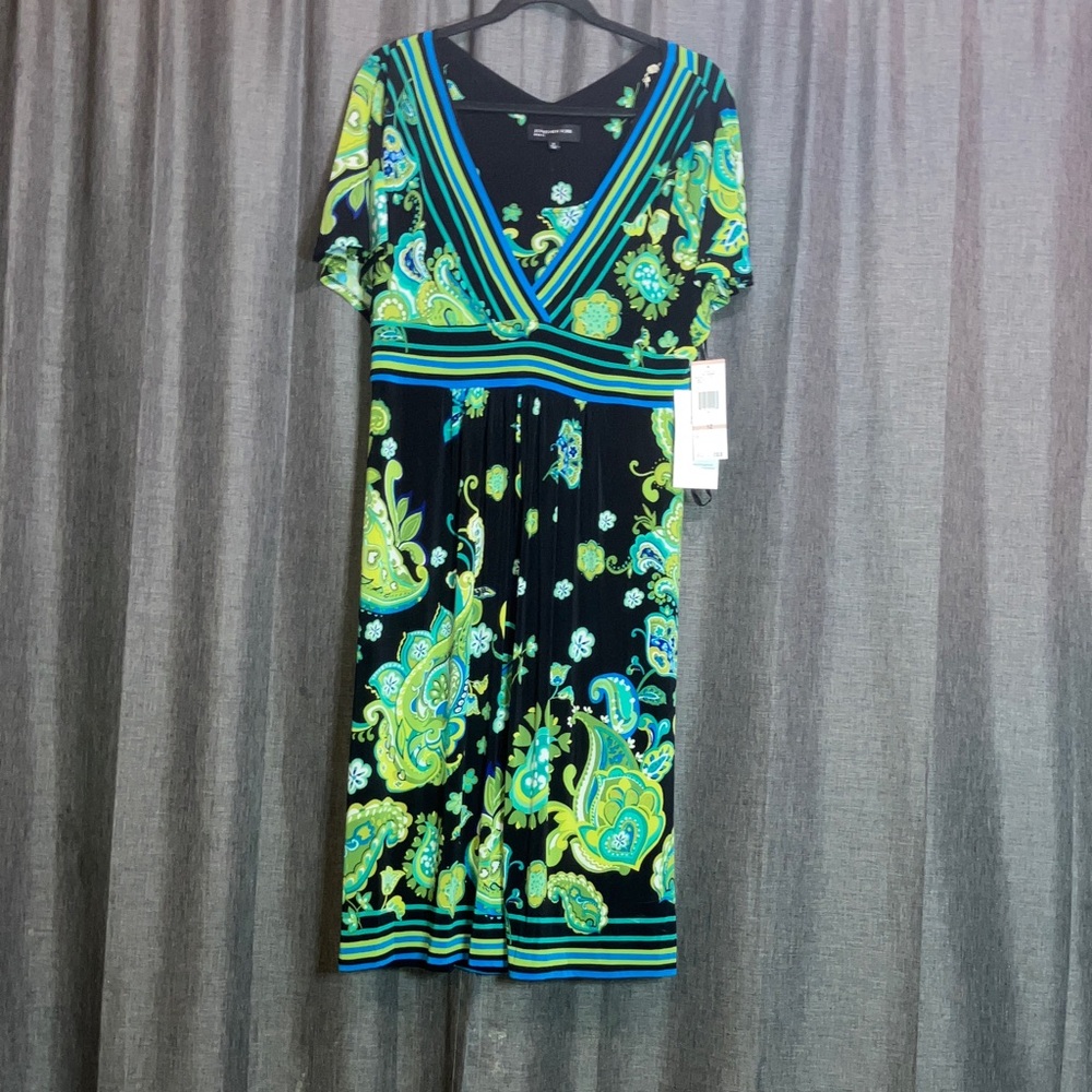 Jones New York Black and Green Paisley Midi Dress